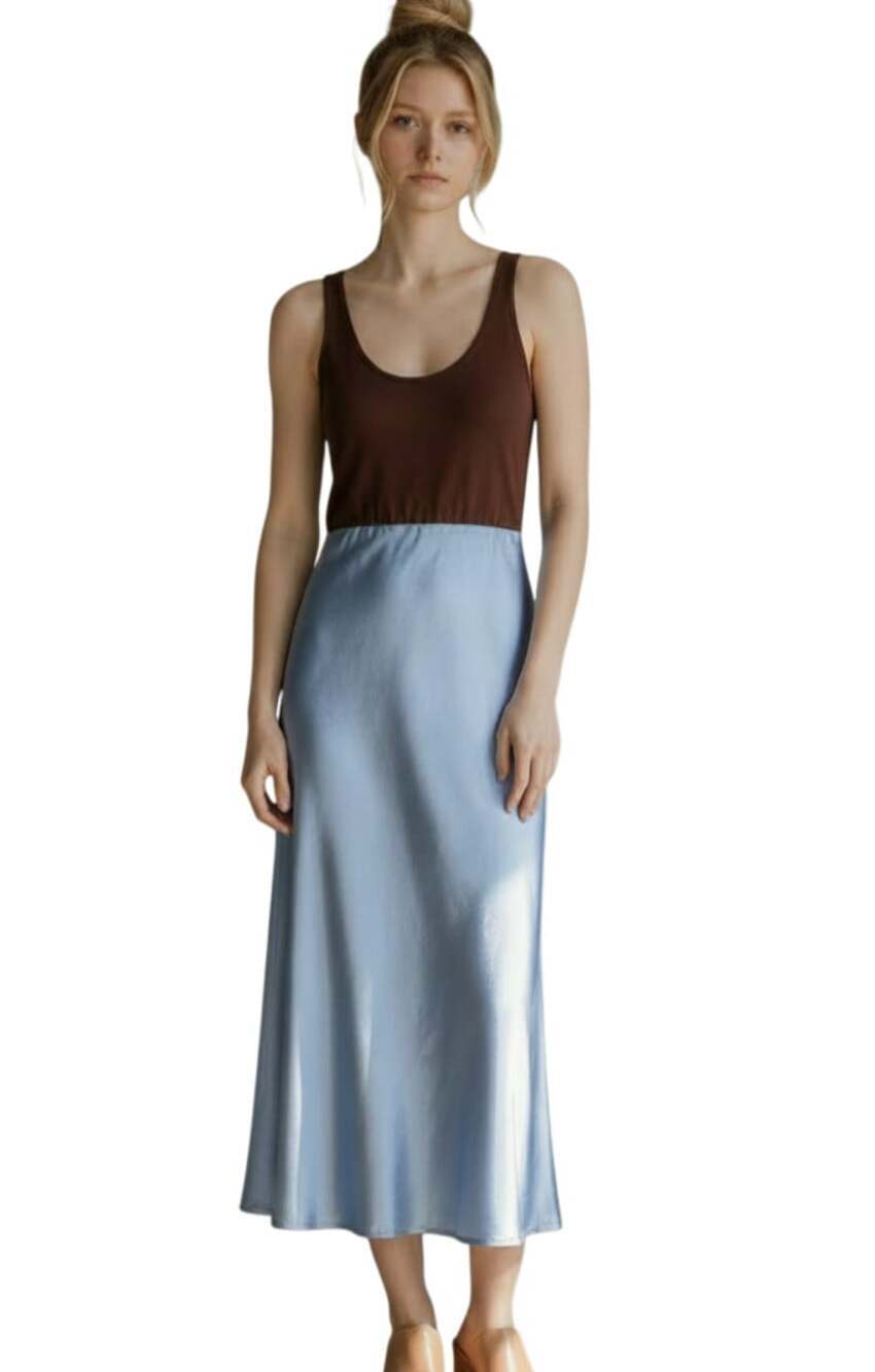 Mare Mare Colorblock Maxi Dress Brown Blue Satin Skirt Tank Top Women's Size S